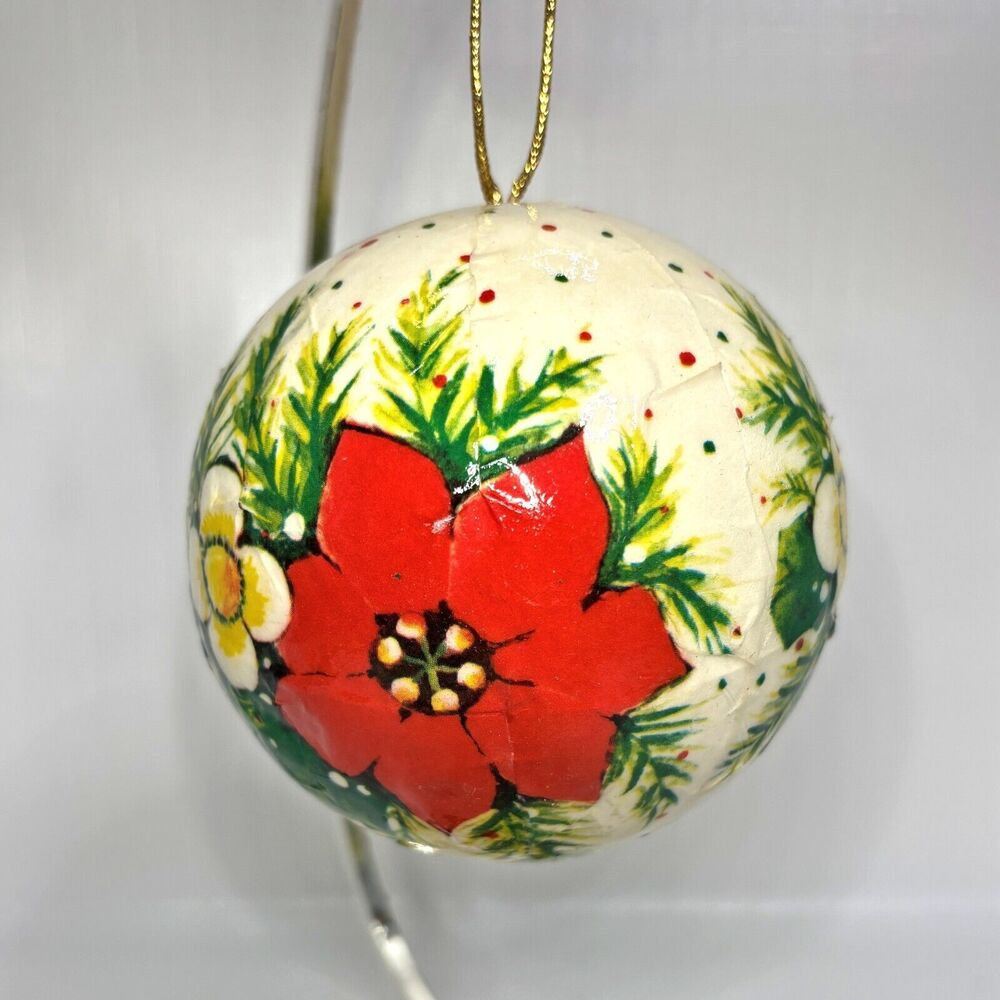 Decoupage Poinsettia Ball Christmas Ornament Holiday Cottage Core Retro 70s Vtg